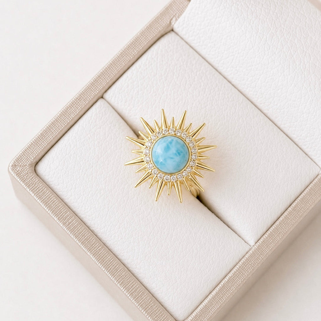 Anillo sol Zircon grande con larimar REF ANL3-4