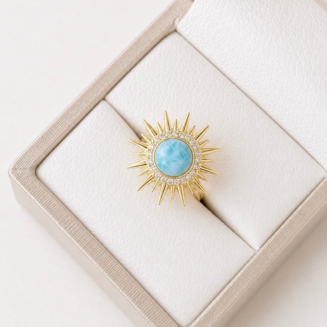 Anillo sol Zircon grande con larimar REF ANL3-4