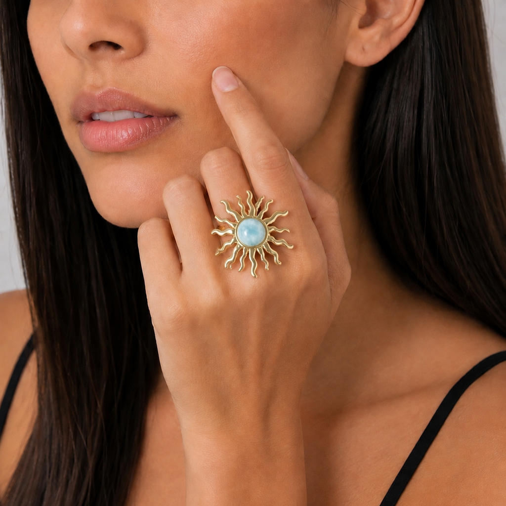 Anillo sol grande liso con larimar REF ANL3-6